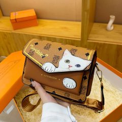 Cross-border bags for women 2024 new style checkerboard crossbody trendy cartoon cat print personalized versatile messenger bag