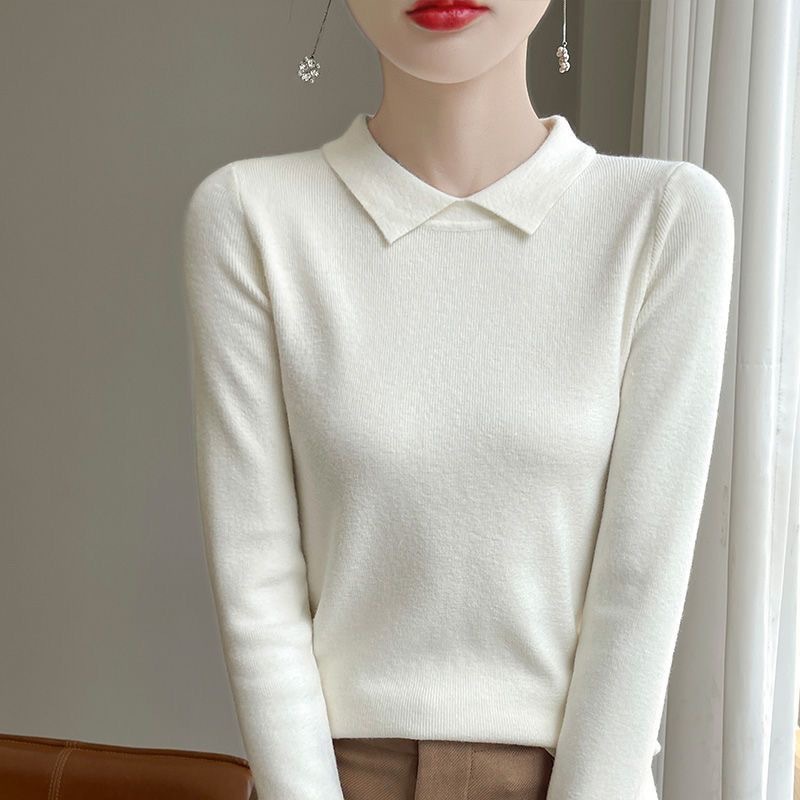 Soft and waxy temperament Polo collar top sweater women's autumn and winter slim fit small lapel beige knitted bottoming shirt
