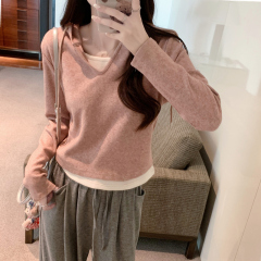 Fake two-piece hooded long-sleeved T-shirt for women in autumn and winter, new style, slim-fitting bottoming shirt with thickened top inside
