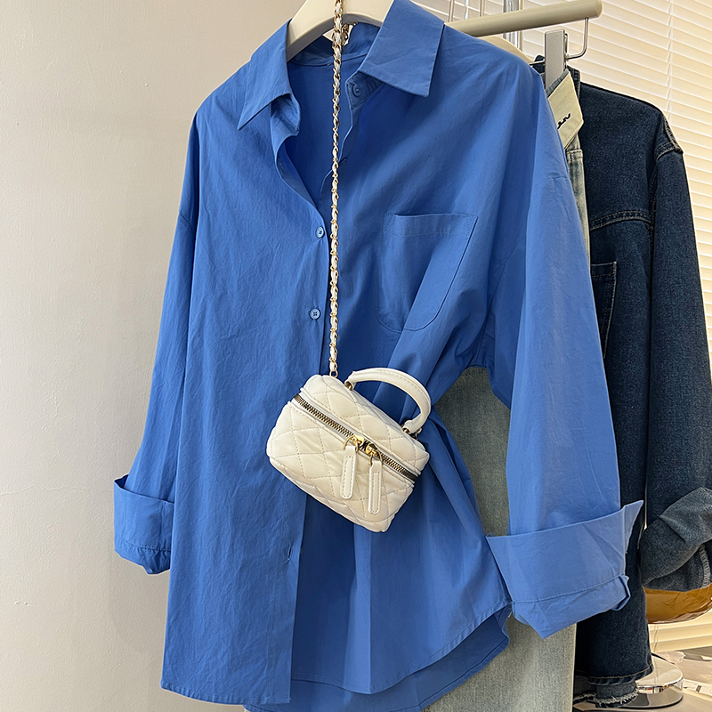 Polo collar long-sleeved shirt for women solid color mid-length sun protection shirt loose top for women