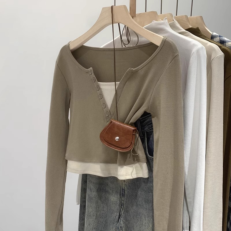 Chic and sweet slim fit bottoming shirt top early spring women's design fake two-piece T-shirt long sleeves