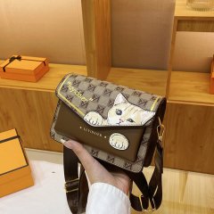 Cross-border bags for women 2024 new style checkerboard crossbody trendy cartoon cat print personalized versatile messenger bag