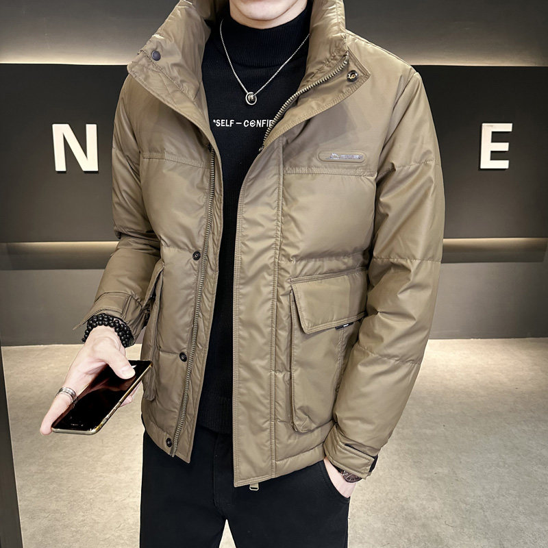 New winter stand-up collar leather down jacket for men, short outerwear, warm down jacket
