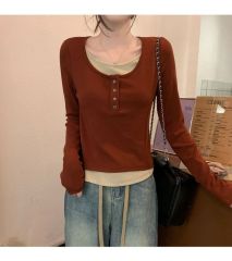 40 Count 260g Rayon Contrast Color Fake Two Piece Long Sleeve Women's Maillard Round Neck Top Slim Fit