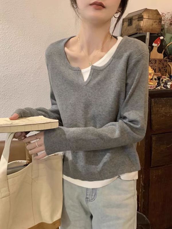 Gentle apricot ins style soft waxy fake two-piece knitted sweater women's bottoming shirt autumn and winter inner layering ootd top