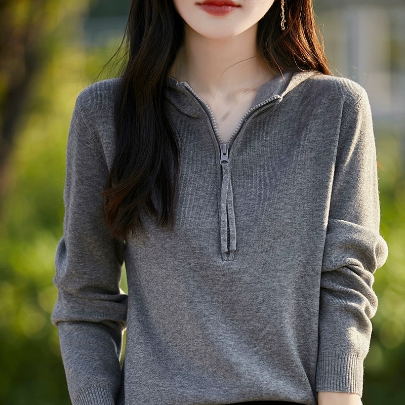 New autumn and winter half-zip hoodie worsted wool women's casual hooded long-sleeved knitted solid color versatile sweater