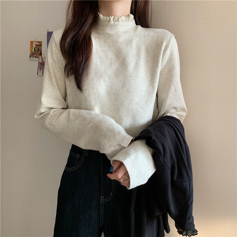 Lace half turtleneck bottoming shirt for women in autumn and winter new style loose inner long-sleeved T-shirt top