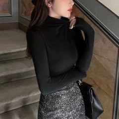 High-neck long-sleeved T-shirt for women, fashionable autumn and winter 2024 layered stretchy slimming soft waxy bottoming shirt