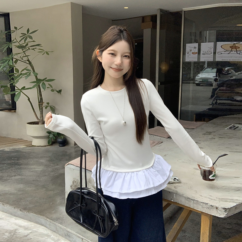 Ballet style splicing fake two-piece lace long-sleeved T-shirt for women slimming round neck right shoulder top