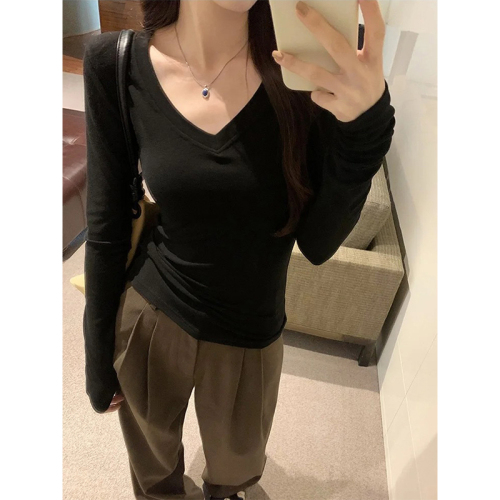 V-neck thickened brushed long-sleeved versatile T-shirt bottoming shirt for women in autumn and winter new slim fit inner top