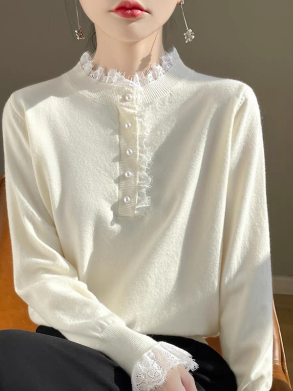 Half turtleneck lace patchwork sweater autumn and winter loose wool long-sleeved bottoming shirt outer wear small fragrant style top
