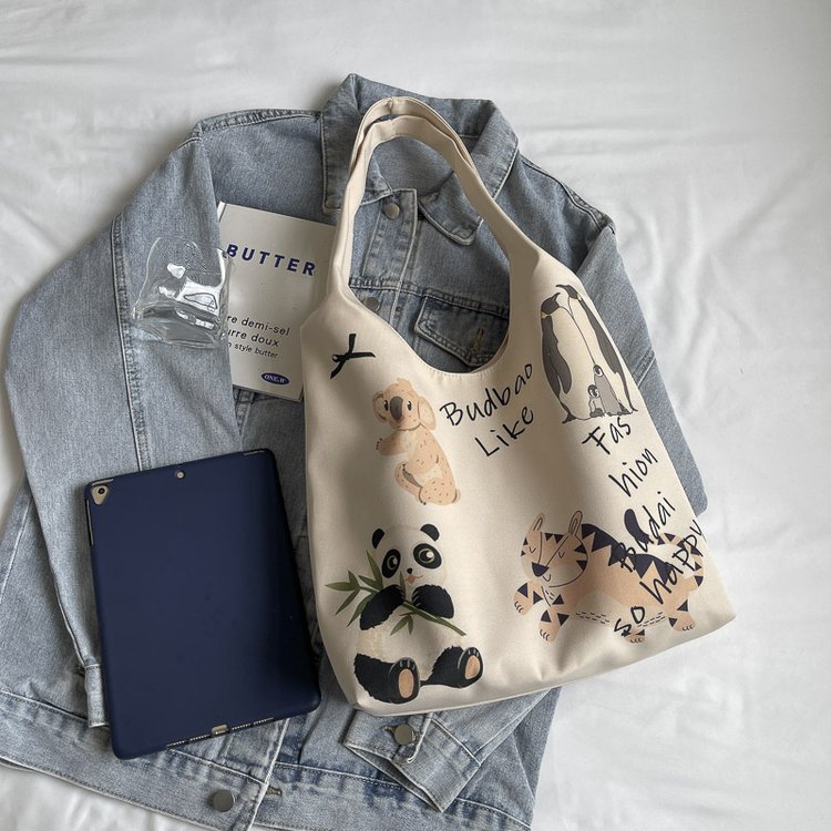 Cartoon cute canvas shoulder bag for women, zoo print armpit bag, ins casual backpack, student school bag