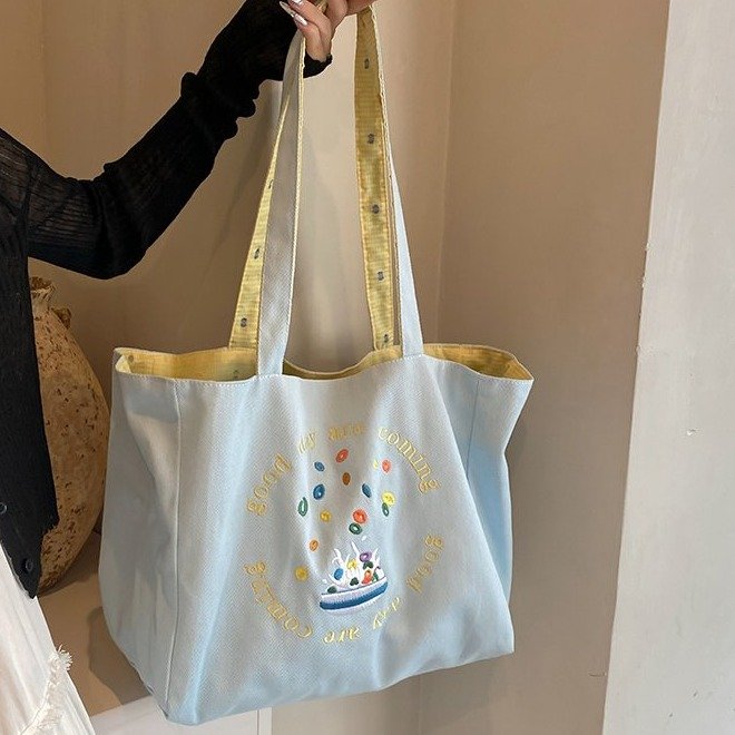 Large-capacity tote bag front and back double-sided striped shoulder bag textured embroidered college student canvas bag female commuter bag