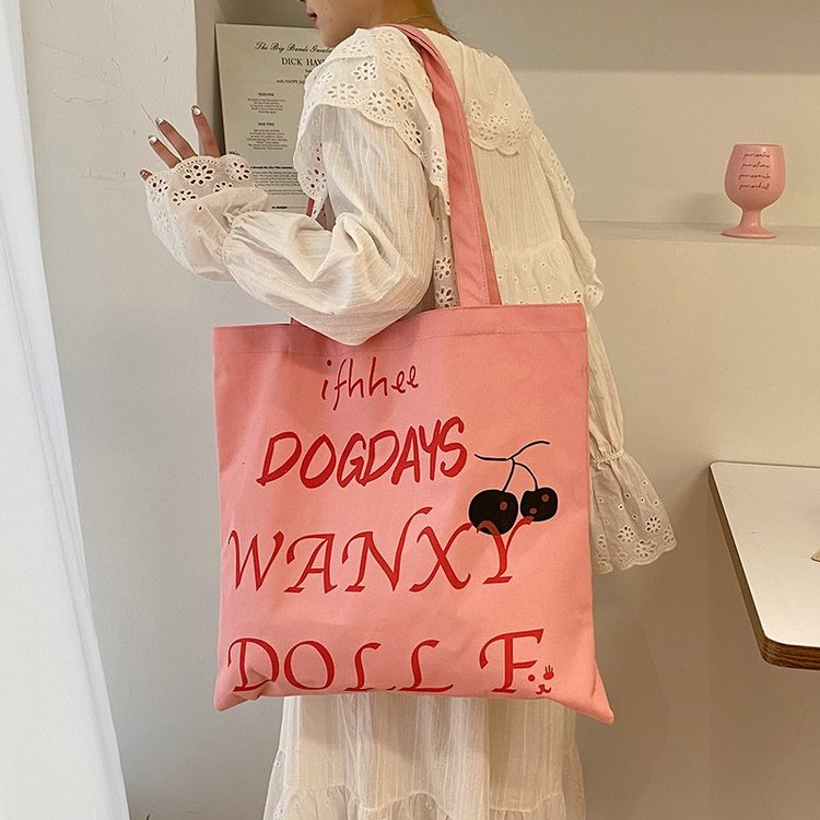 Lazy style pink printed letter shoulder bag female student large capacity canvas bag versatile class commuting tote bag