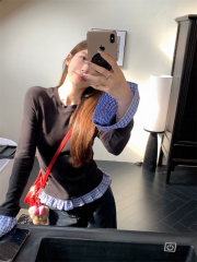 Women's retro plaid patchwork long sleeve top