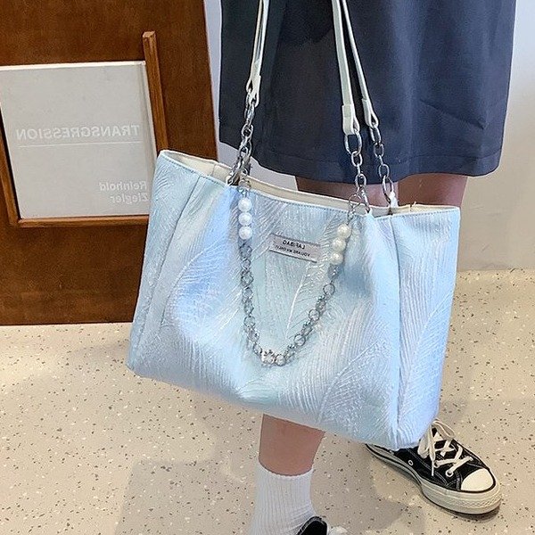 Korean niche plaid jacquard ice blue tote bag for women summer large-capacity bag high-end shoulder handbag