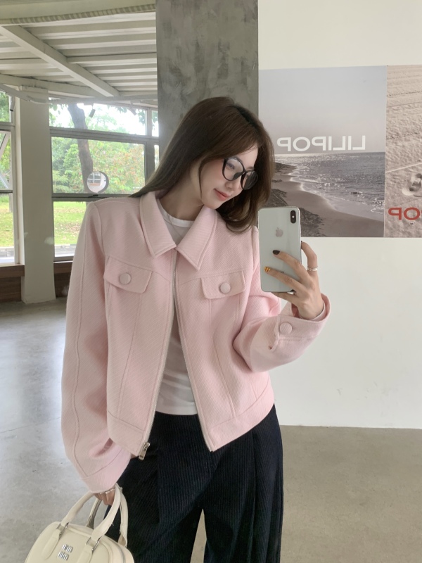 Pink simple slim fit short coat shoulder lapel top