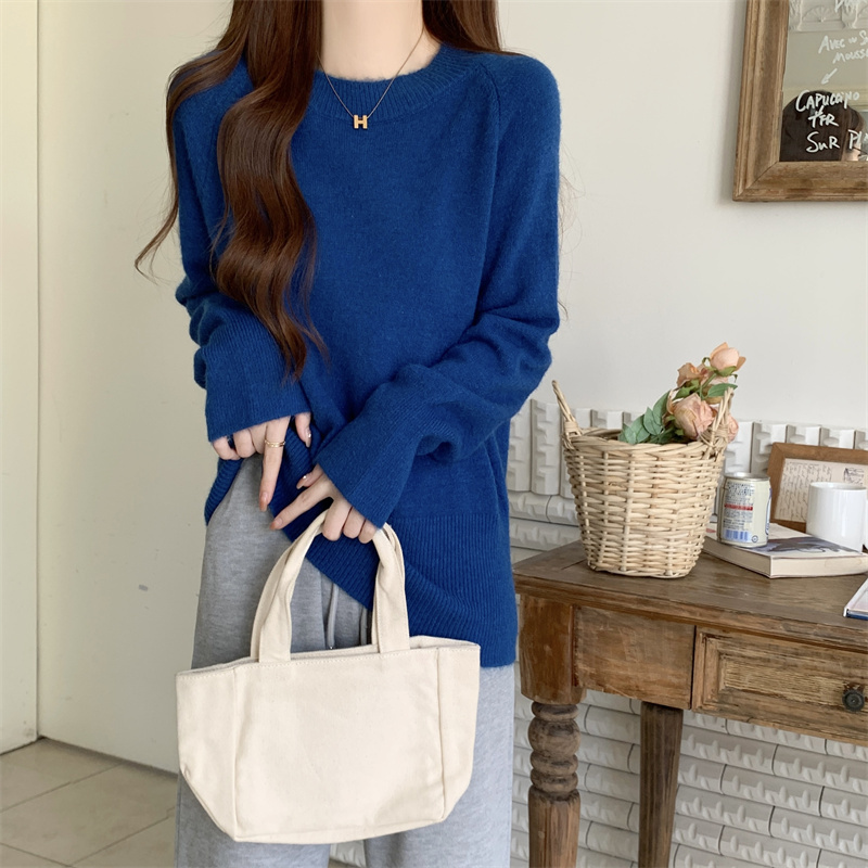 Korean style simple and versatile solid color lazy style pullover sweater retro sweater for women loose outer wear