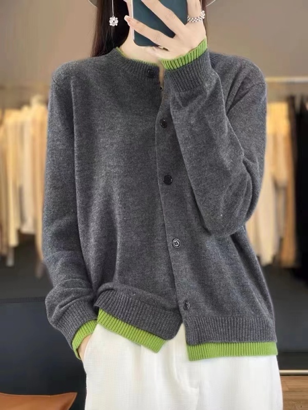 Stacked round neck splicing fake two-piece contrasting cardigan 100 pure wool design color-blocked sweater women's coat top