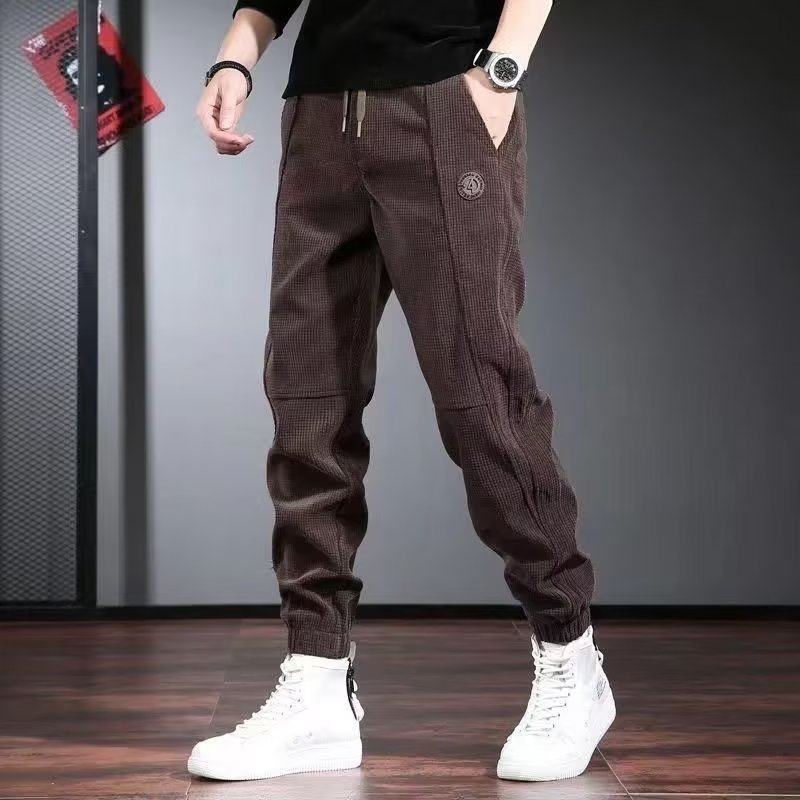 Casual pants for men, trendy brand loose leggings, autumn and winter new plaid corduroy pants for men