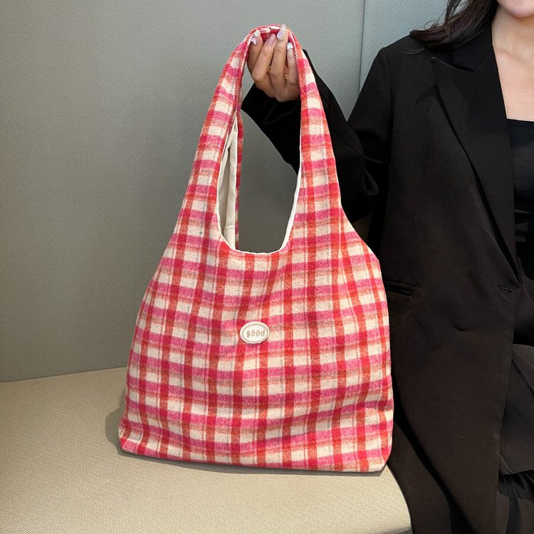 This year's popular large-capacity plaid bag for women 2024 new summer canvas lightweight lazy shoulder bag tote bag