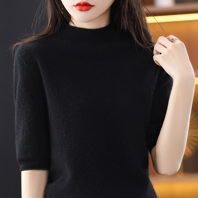Autumn and winter new style half turtleneck knitted short-sleeved feminine solid color five-quarter sleeve pullover cashmere bottoming shirt top