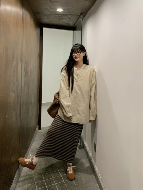 Autumn and winter Korean style casual loose lazy style round neck cotton coat + casual striped skirt