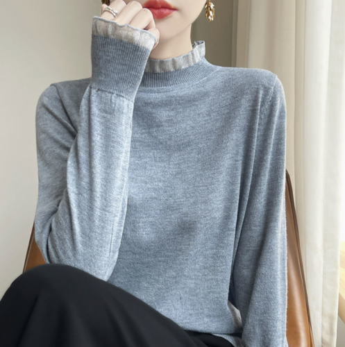 Lace fungus collar lace sweater women's autumn and winter loose and slim half turtleneck knitted bottoming shirt