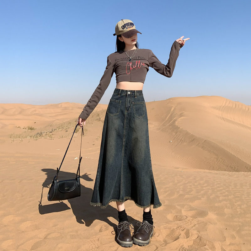 Denim skirt for women, spring and autumn, high waist, versatile, slimming, hip-covering, fishtail, butt-covering, mid-length skirt
