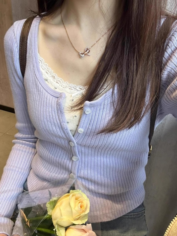 Korean short knitted cardigan for women in autumn taro purple long-sleeved pure desire slim inner top
