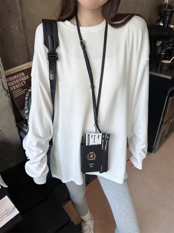 Threaded brushed side slit pit striped long-sleeved T