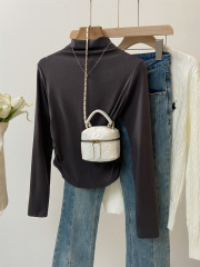 Half turtleneck bottoming with pleated inner slimming slim long-sleeved right shoulder T-shirt autumn solid color top for women