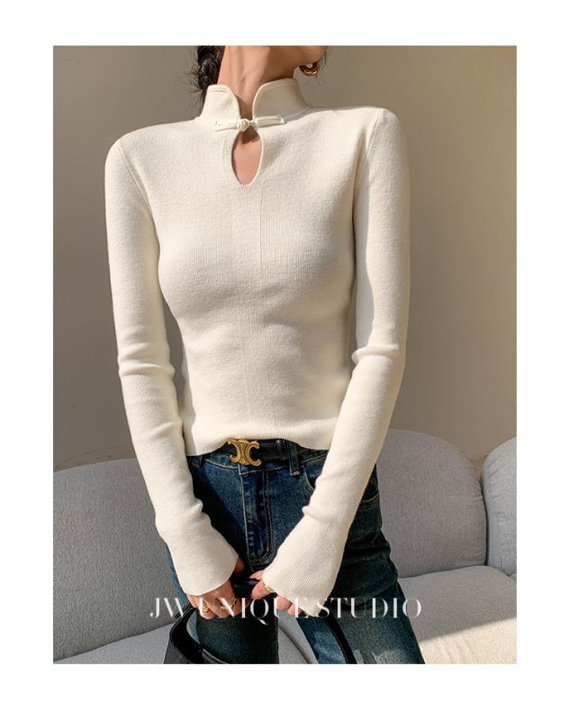 Off-white New Chinese Style Stand Collar Sweater Women's Autumn and Winter 2023 New Slim Fit Bottoming Top