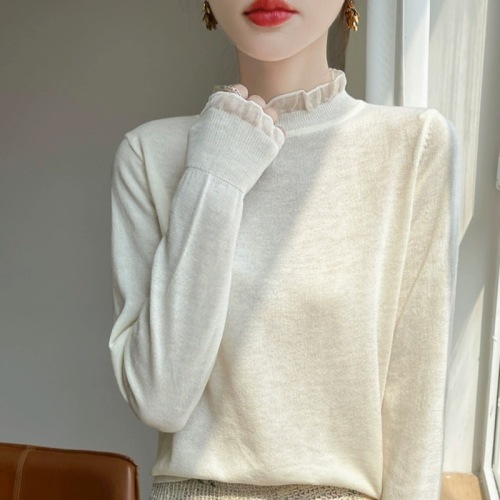 Lace fungus collar lace sweater women's autumn and winter loose and slim half turtleneck knitted bottoming shirt
