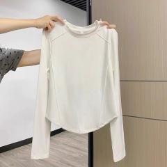 High-end fishbone round neck long-sleeved T-shirt for women 2024 autumn and winter new style irregular hem bottoming shirt right shoulder top