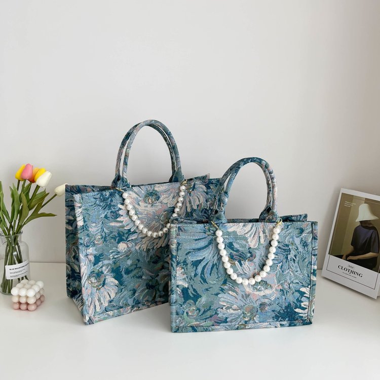 Autumn new women's shoulder bag retro oil painting blue pearl commuter women's bag cross-border large capacity tote bag