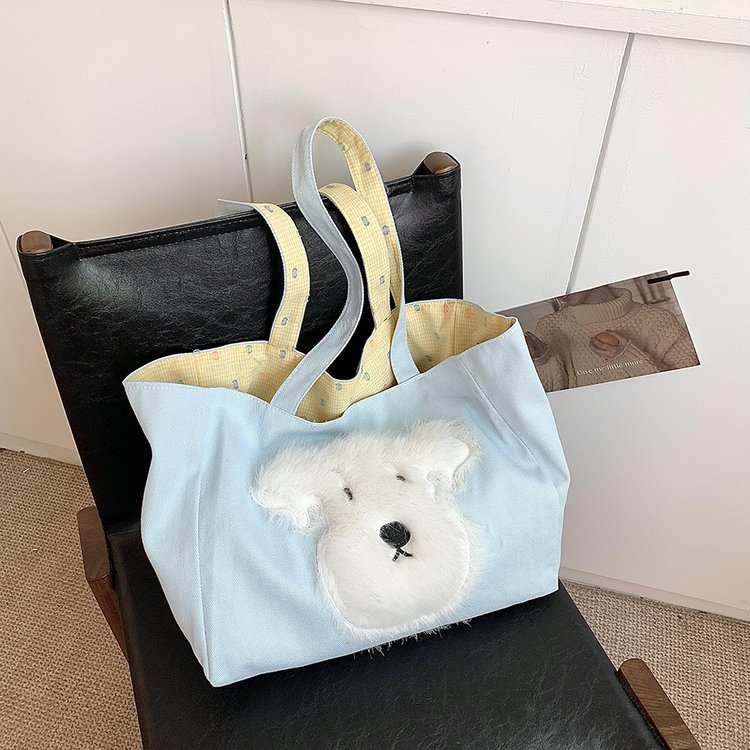 Cute embroidery versatile literary shoulder bag double-sided tote bag women's lazy style large capacity commuter shoulder bag
