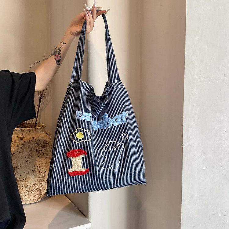 Korean style fashion striped canvas bag for women 2024 new large capacity commuter tote bag niche casual cloth bag