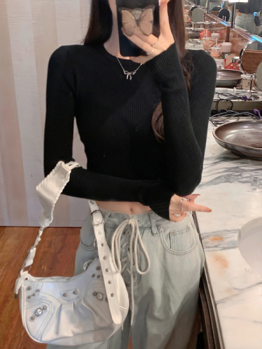 Simple woolen sweater round neck pullover hot girl short slim top for women