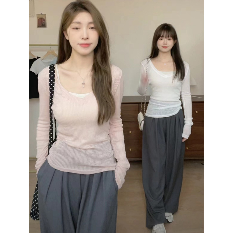 V-neck thin slightly perforated bottoming shirt women's slim knitted T-shirt long-sleeved top pure lust wind sun protection cover-up