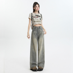 Distressed washed wide-leg jeans for women in autumn niche high-waist slim drape raw edge straight pants