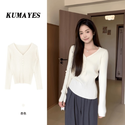 French right shoulder pit strip V-neck bottoming sweater for women in autumn slim fit waist inner top for small people