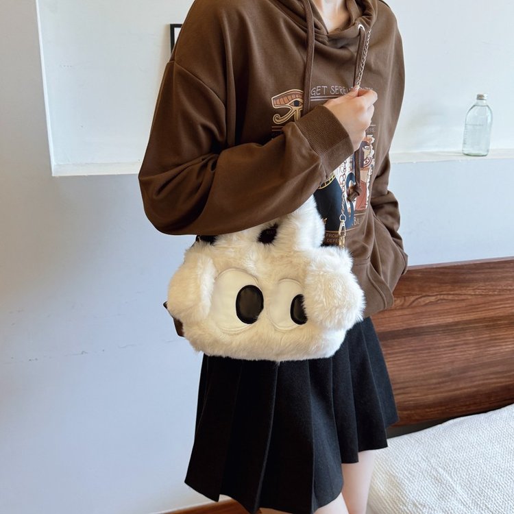 New plush small square bag, cartoon cute crossbody bag, big-eyed dog shoulder bag, imitation rabbit fur crossbody bag, fashionable and cute bag