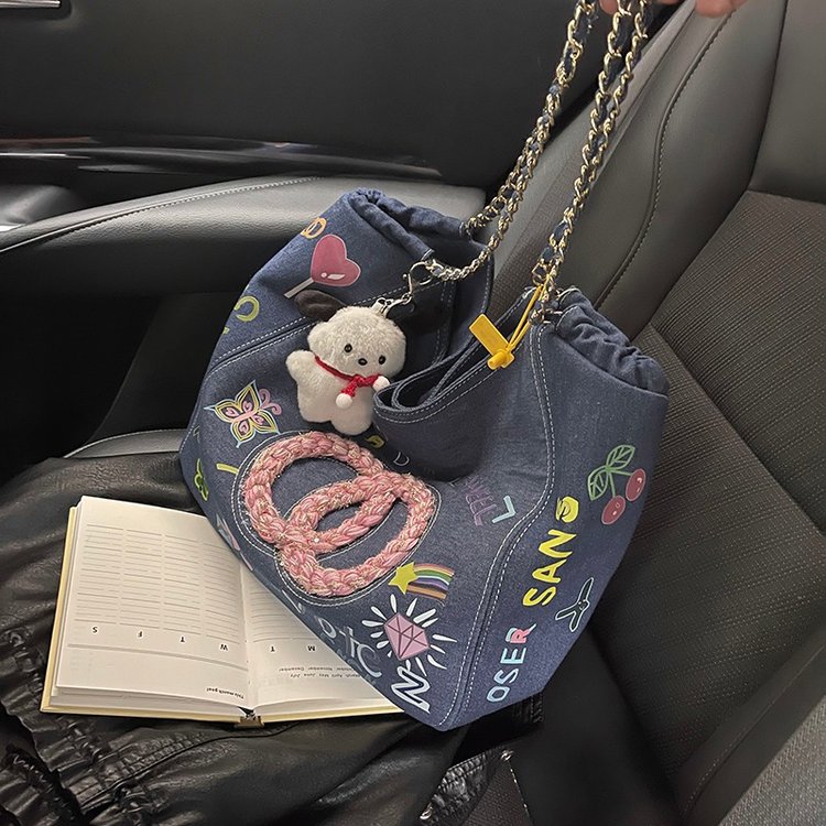 Canvas bag ins Japanese niche 2024 new women's bag high-looking original graffiti denim tote hobo bag