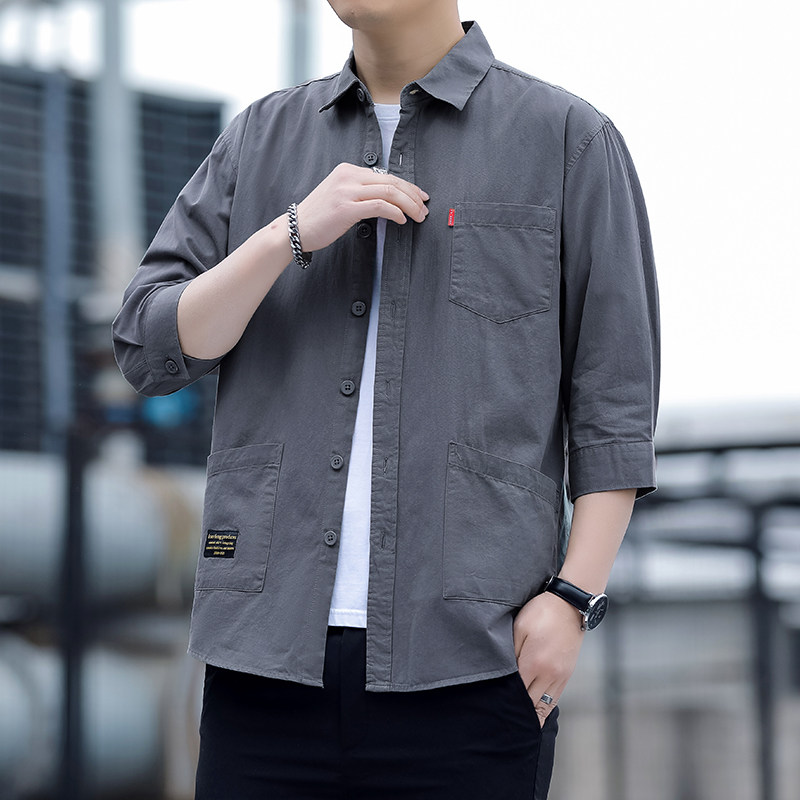 Men's Japanese trendy workwear three-quarter sleeve mid-sleeve washed shirt jacket