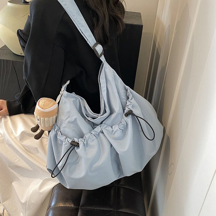 2024 spring and summer new style ultra-light pleated crossbody bag student cloth bag shoulder bag drawstring stitched pleated bag