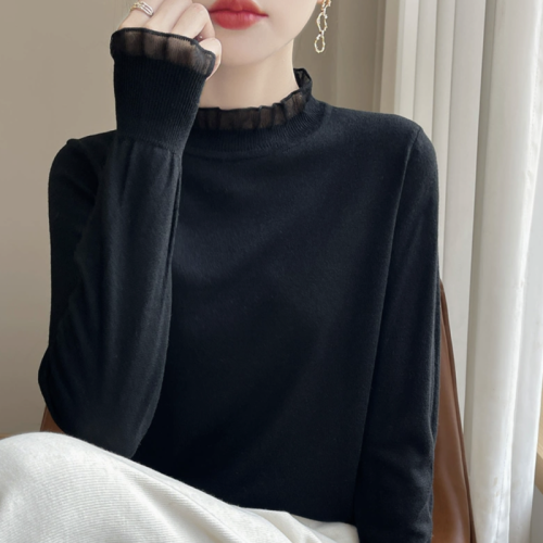 Lace fungus collar lace sweater women's autumn and winter loose and slim half turtleneck knitted bottoming shirt