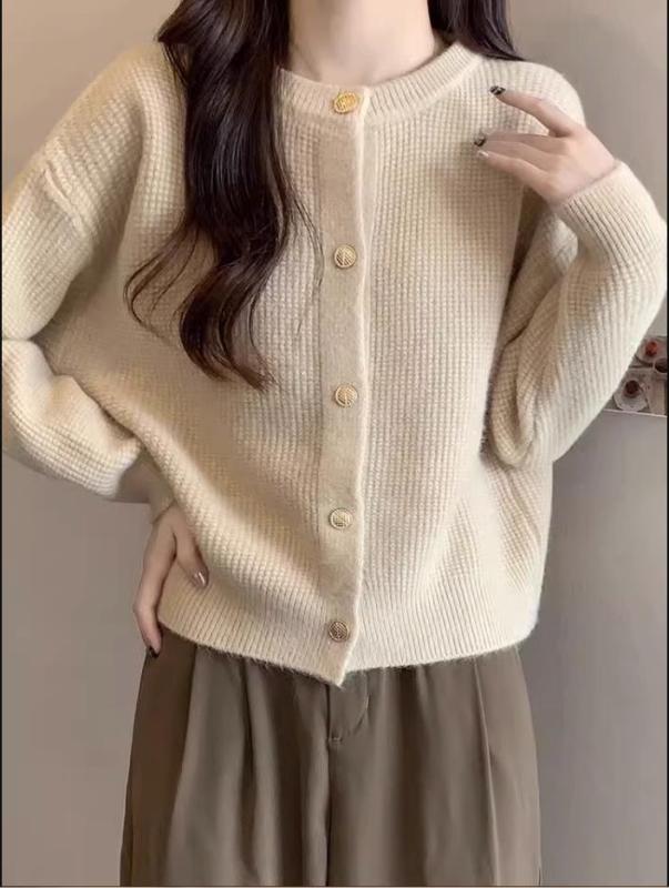 Xiaoxiangfeng Waffle Round Neck Knitted Cardigan Sweater Women's Autumn and Winter New Soft and Solid Color Versatile Top Jacket