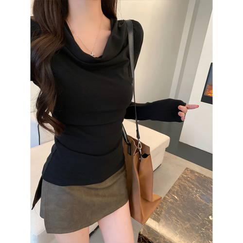 Lazy style swing collar slim fit long-sleeved T-shirt women's autumn and winter design casual versatile top