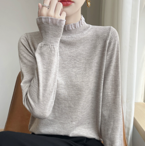 Lace fungus collar lace sweater women's autumn and winter loose and slim half turtleneck knitted bottoming shirt